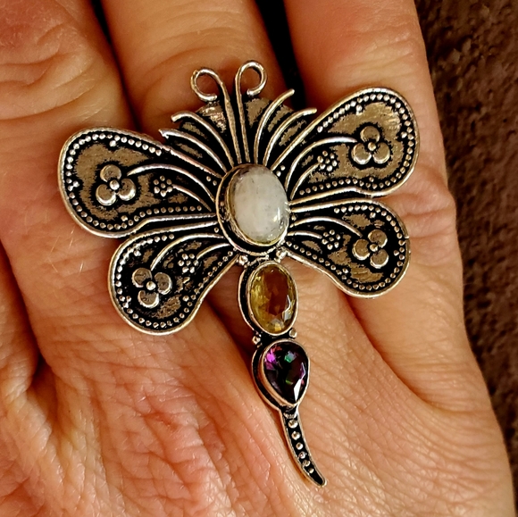 New Multi Gemstone 925 Silver Dragonfly Ring. - Picture 7 of 13